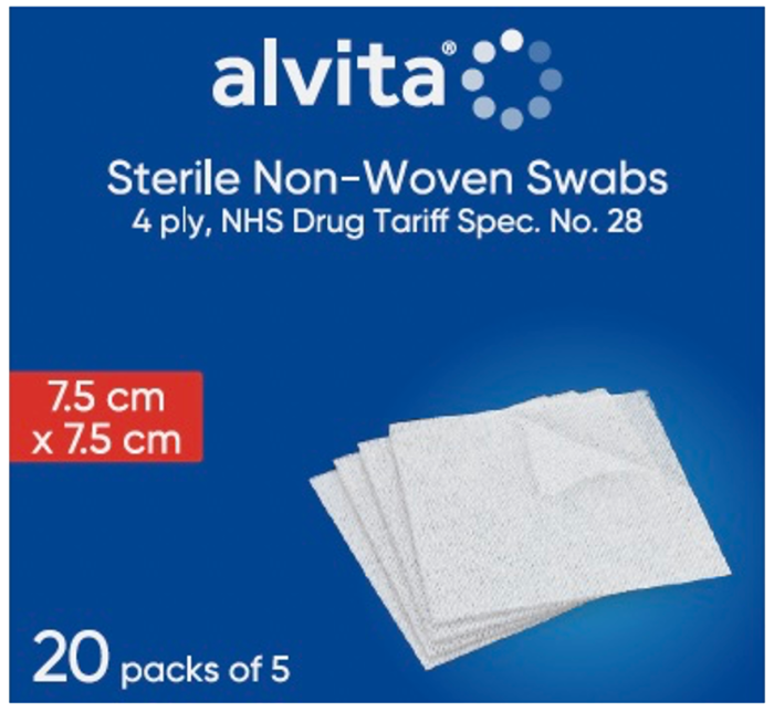 Alvita Gauze Swab Square Sterile Non-Woven 7.5cm (5 swabs) / 20pks 